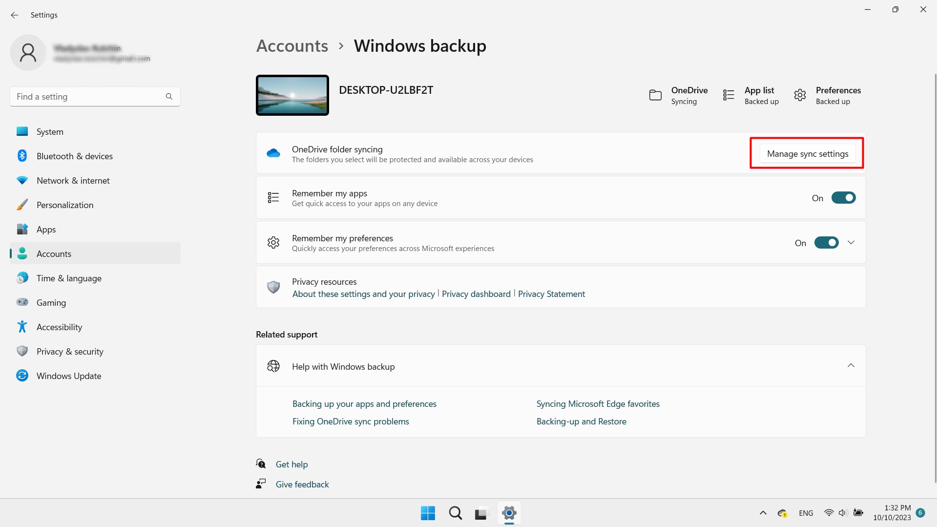 Managing sync settings in the Windows backup window. Managing sync settings in the Windows backup window.