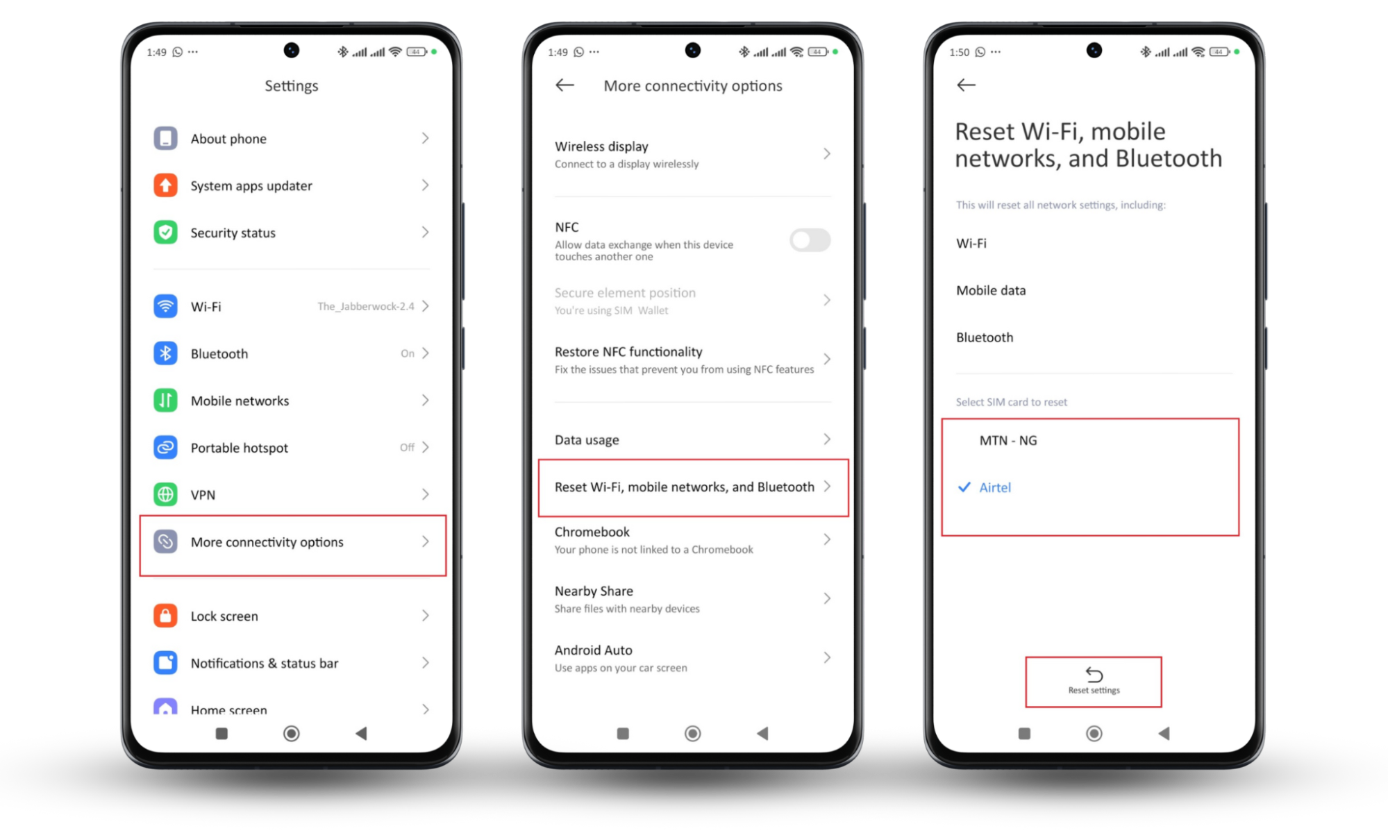 Instructions on how to open the Settings app, tap on More connectivity options, select Reset Wi-Fi, mobile networks, and Bluetooth, choose the SIM card to reset, and tap Reset settings to resolve service disruptions and know if your Android phone is hacked. Instructions on how to open the Settings app, tap on More connectivity options, select Reset Wi-Fi, mobile networks, and Bluetooth, choose the SIM card to reset, and tap Reset settings to resolve service disruptions and know if your Android phone is hacked.