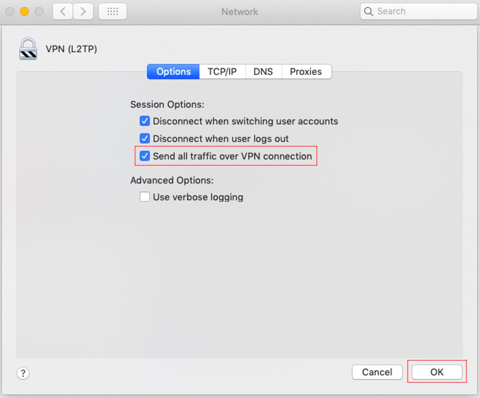 Send all traffic over VPN connection Send all traffic over VPN connection