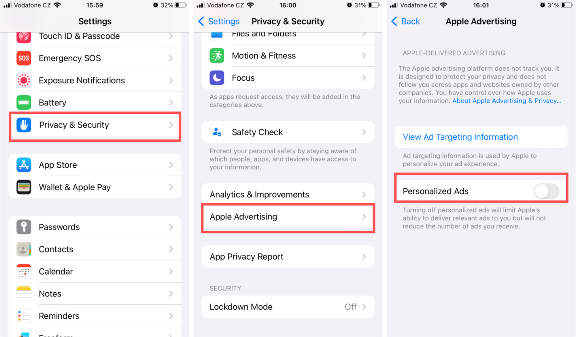 iOS Settings menu under the Privacy & Security, highlighting Apple Advertisement window, and the Personalized Ads toggle off. iOS Settings menu under the Privacy & Security, highlighting Apple Advertisement window, and the Personalized Ads toggle off.