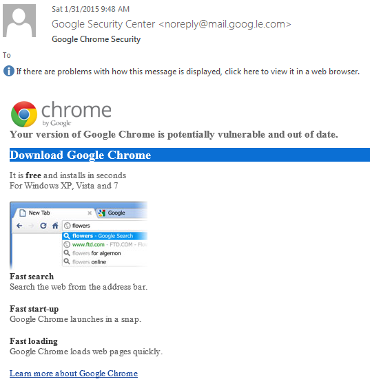 A screenshot of a fraudulent Google Chrome update email as a part of an instruction on how to tell if a Software Update Is Legitimate. A screenshot of a fraudulent Google Chrome update email as a part of an instruction on how to tell if a Software Update Is Legitimate.