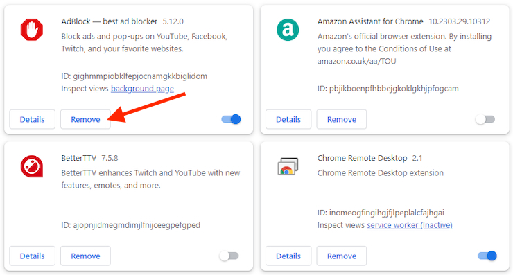 Google Chrome in Windows shows all installed extensions. Click the Remove button to delete any you no longer need. Google Chrome in Windows shows all installed extensions. Click the Remove button to delete any you no longer need.