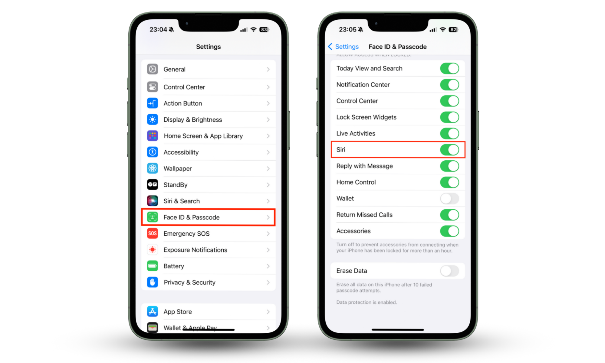 The Face ID & Passcode menu on iPhone. Tap the toggle next to Siri to disable it on the Lock Screen, which reduces the risk that your iPhone might be hacked through Siri. The Face ID & Passcode menu on iPhone. Tap the toggle next to Siri to disable it on the Lock Screen, which reduces the risk that your iPhone might be hacked through Siri.
