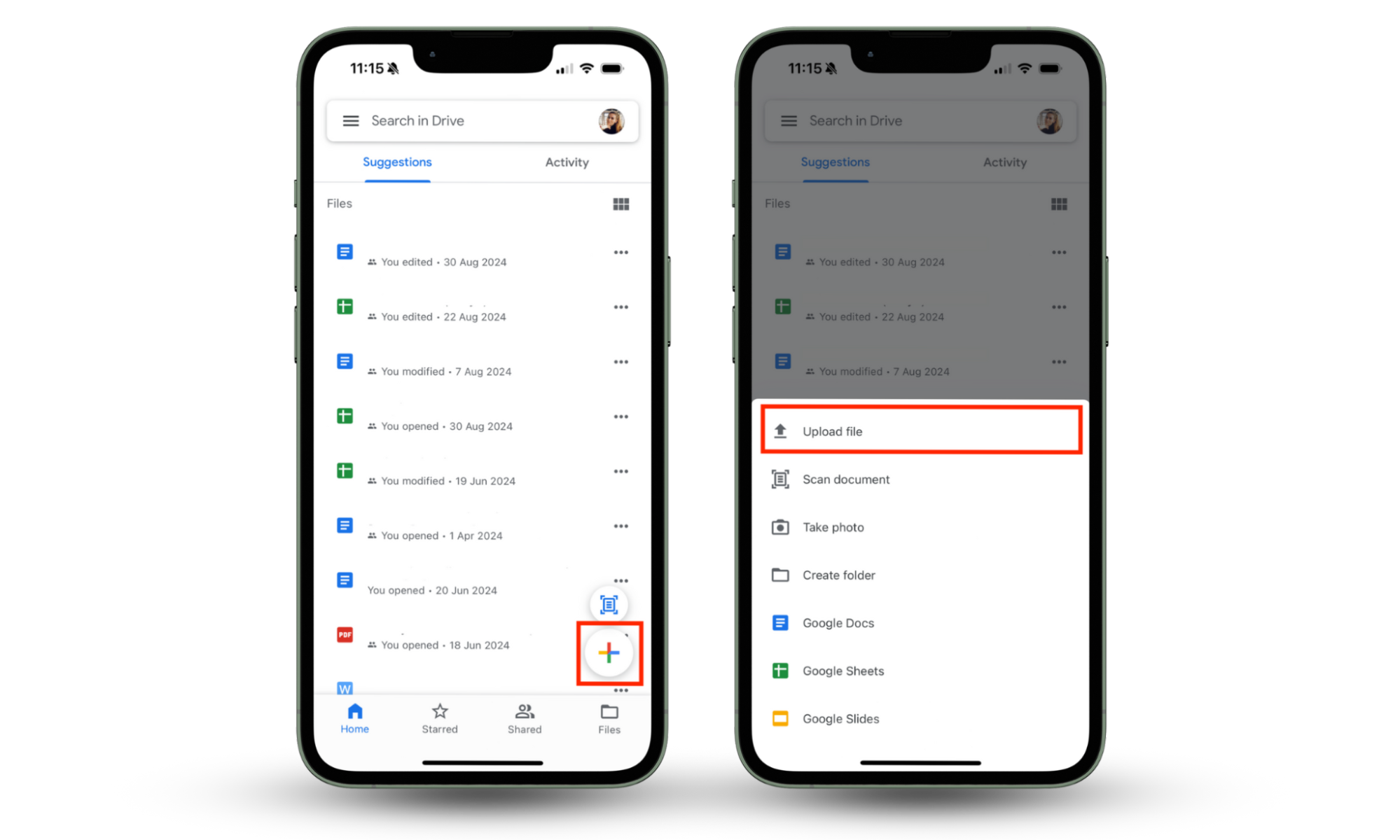 iPhone screenshots showing how to upload files and photos to the Google Drive app as an alternative to password-protected folders on an iPhone. iPhone screenshots showing how to upload files and photos to the Google Drive app as an alternative to password-protected folders on an iPhone.