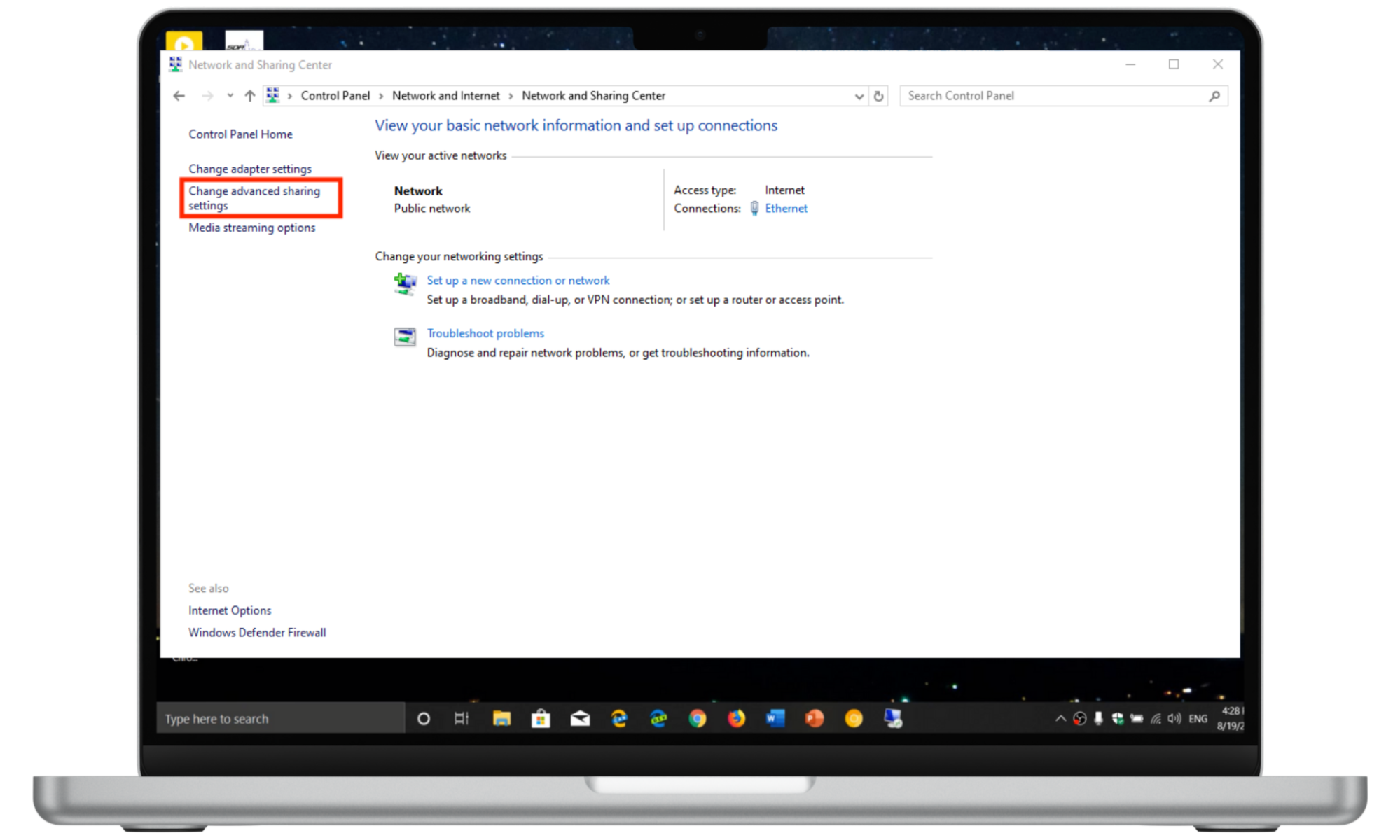 Windows control panel for the Network and Sharing Center settings. Windows control panel for the Network and Sharing Center settings.