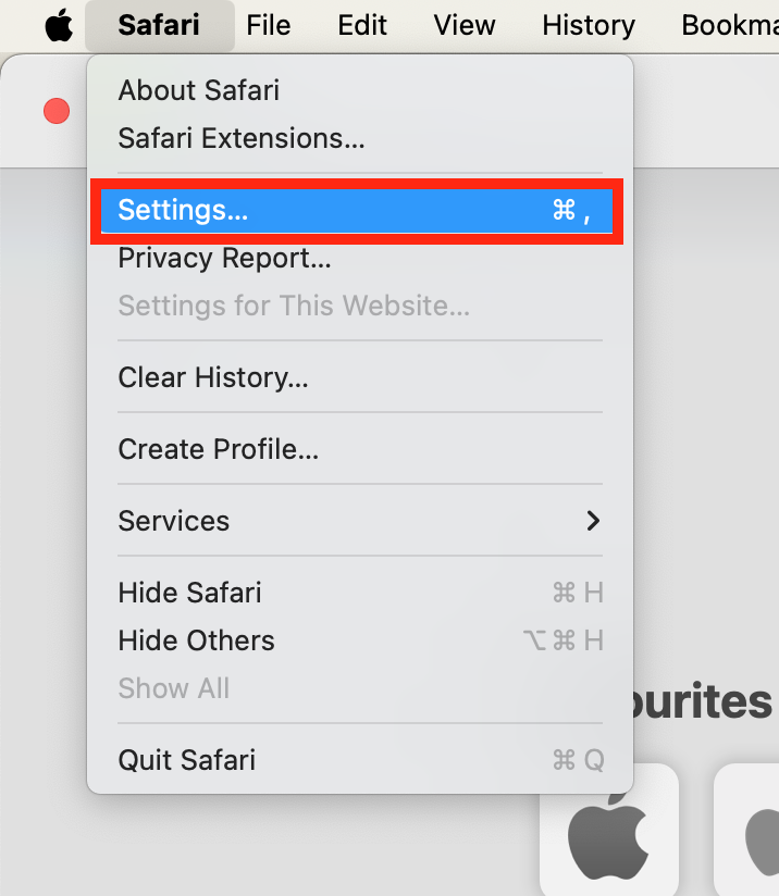 A screenshot of Safari's settings drop-down menu showing how to select Settings and remove malware from Mac. A screenshot of Safari's settings drop-down menu showing how to select Settings and remove malware from Mac.