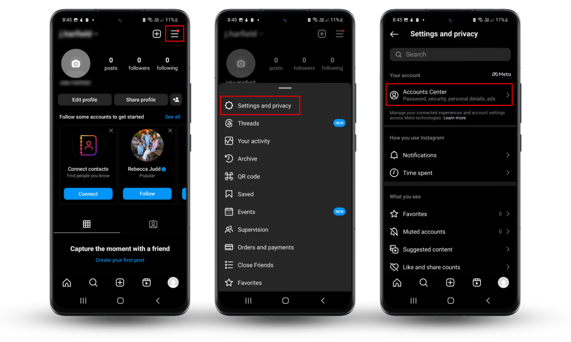 A screenshot of an Android screen showing where in Instagram's settings you can access the Settings and privacy menu to stop Instagram from spying on you. A screenshot of an Android screen showing where in Instagram's settings you can access the Settings and privacy menu to stop Instagram from spying on you.