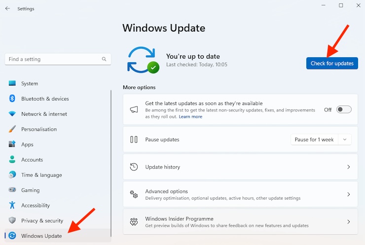 The Settings app in Windows shows the Windows Update screen. Click Check for updates, then install all available updates. The Settings app in Windows shows the Windows Update screen. Click Check for updates, then install all available updates.