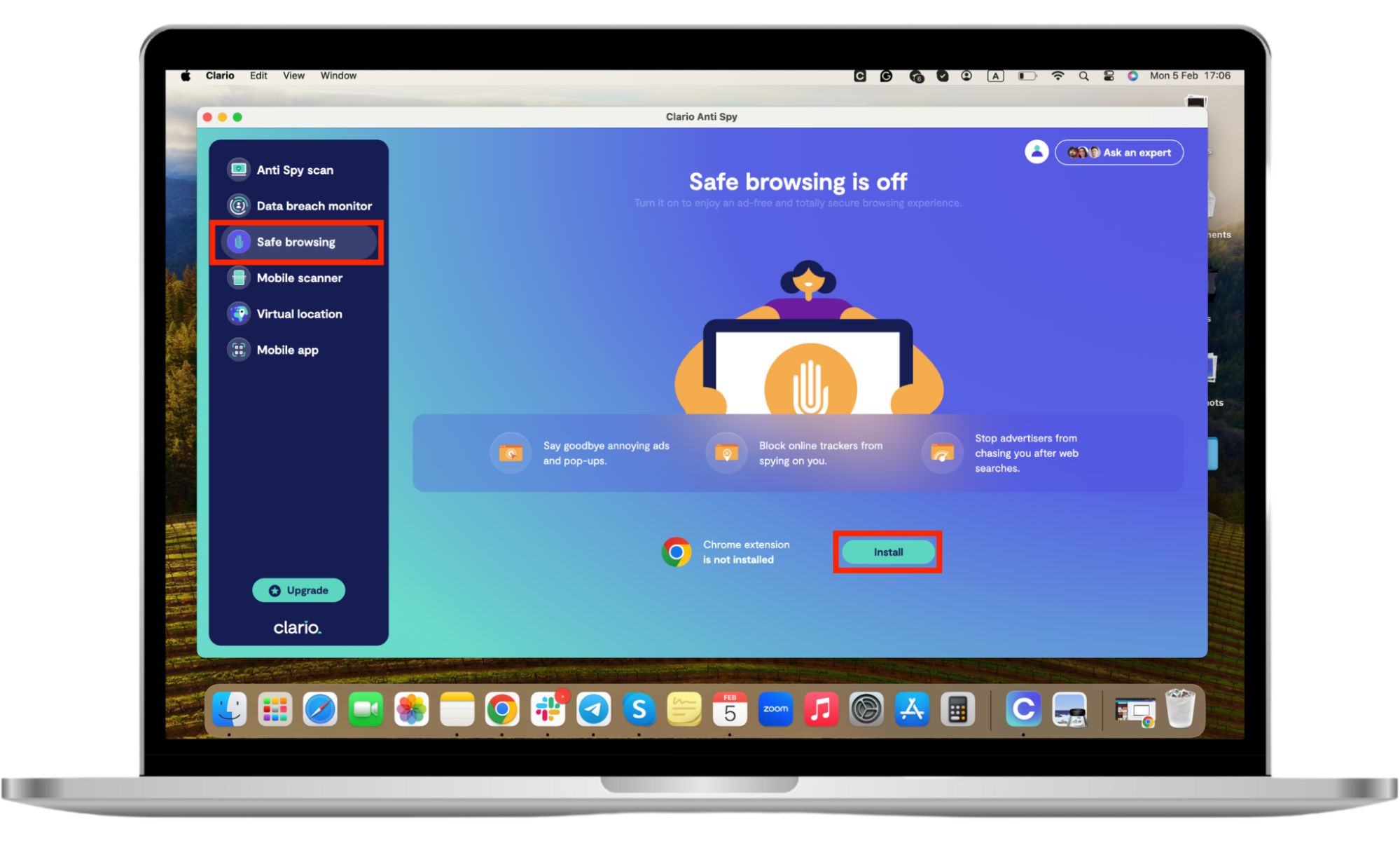 Clario Anti Spy app on a computer showing the 'Safe browsing' feature with a prompt to install the Clario Anti Spy Safe browsing Chrome extension for ad-free and secu Clario Anti Spy app on a computer showing the 'Safe browsing' feature with a prompt to install the Clario Anti Spy Safe browsing Chrome extension for ad-free and secu