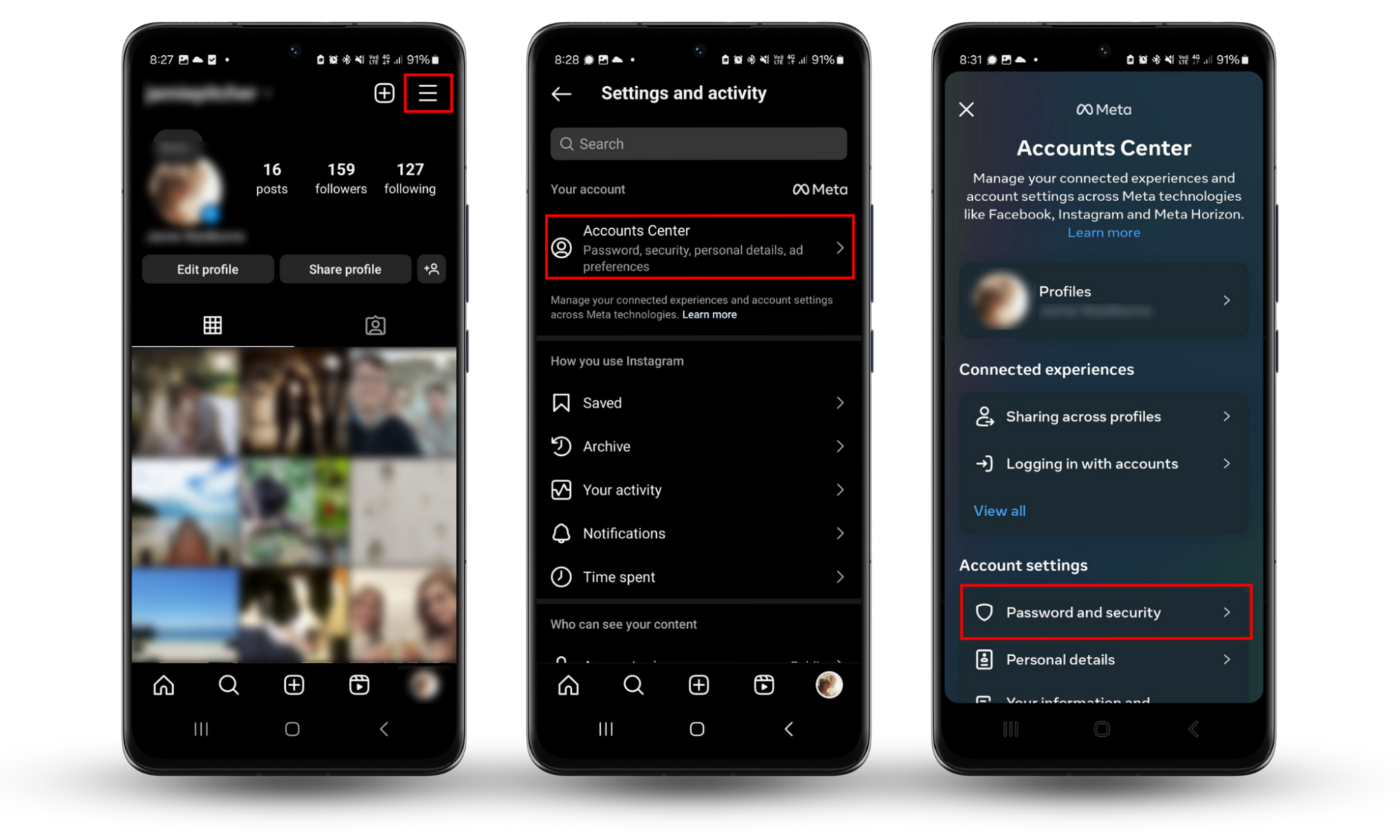 Screenshots of Instagram showing how to access the Password and security settings to prevent your girlfriend monitoring your account. Screenshots of Instagram showing how to access the Password and security settings to prevent your girlfriend monitoring your account.