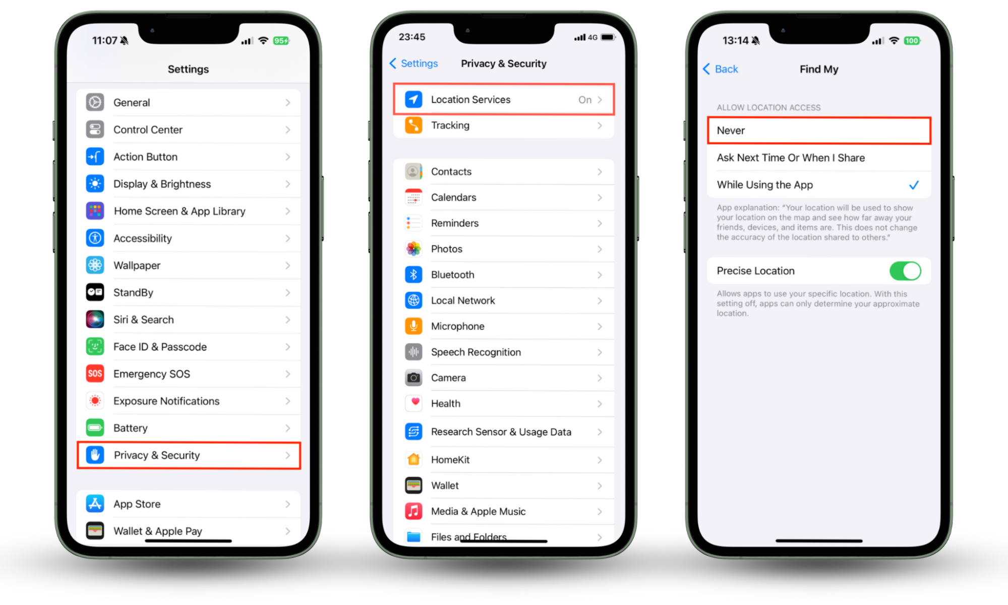 The Find My options in Settings > Location Services on iPhone. To pause location on Find My iPhone, select it, then tap Never. The Find My options in Settings > Location Services on iPhone. To pause location on Find My iPhone, select it, then tap Never.