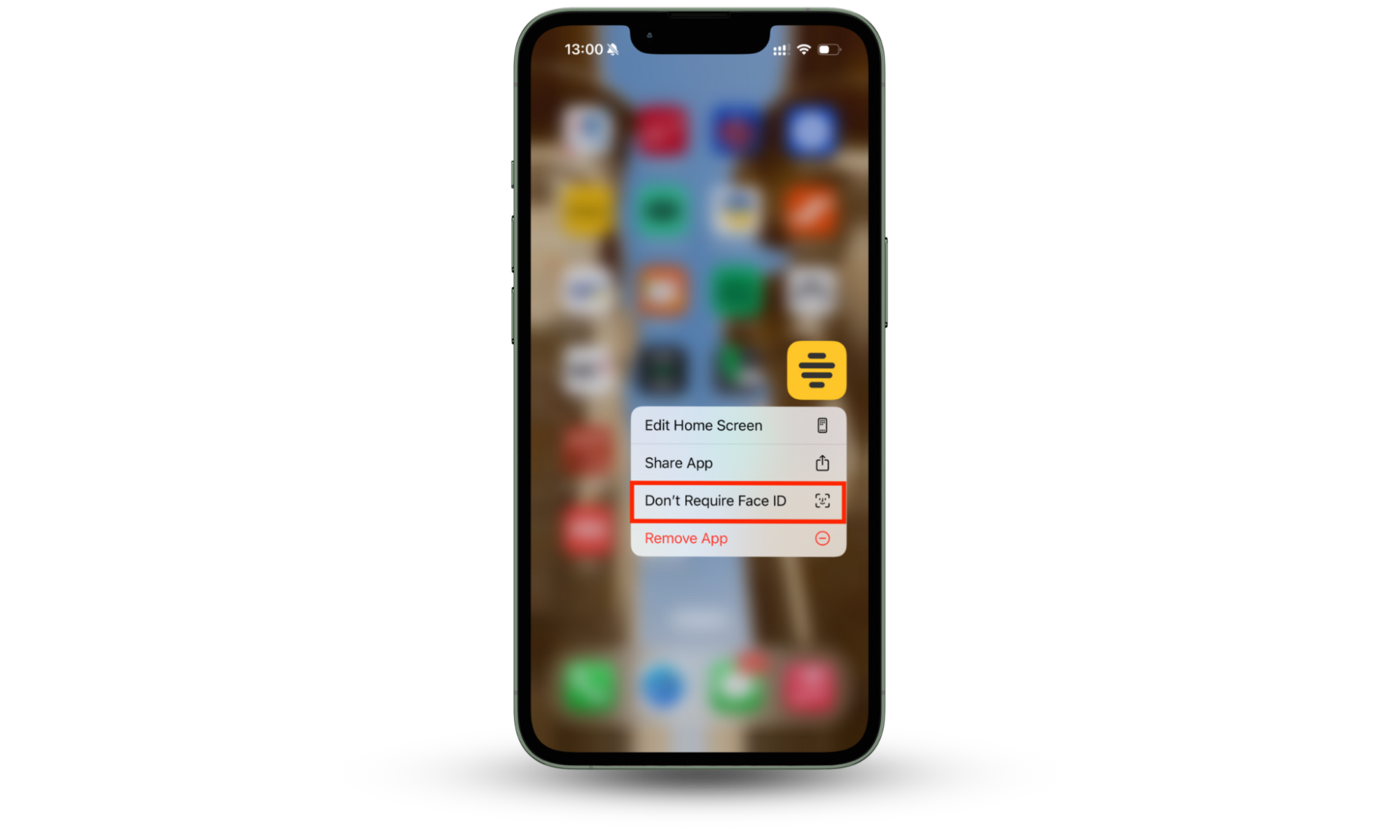 An iPhone screenshot showing the menu options that appear after long-pressing a locked app icon. Choose Don’t Require Face ID if you no longer want to lock apps on iPhone iOS 18. An iPhone screenshot showing the menu options that appear after long-pressing a locked app icon. Choose Don’t Require Face ID if you no longer want to lock apps on iPhone iOS 18.