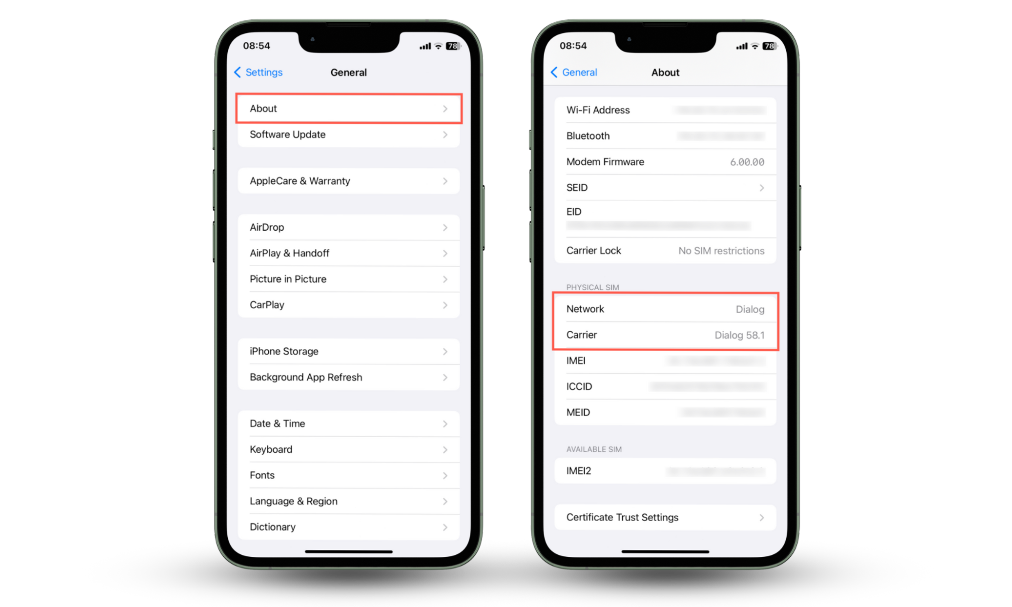 Screenshots that demonstrate how to fix an iPhone stuck on Emergency SOS by checking for a settings update from a wireless carrier. Screenshots that demonstrate how to fix an iPhone stuck on Emergency SOS by checking for a settings update from a wireless carrier.