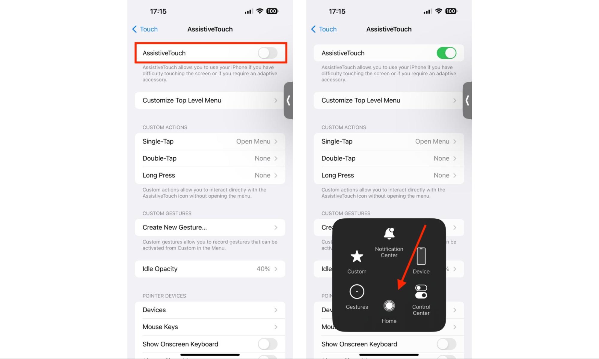 The AssistiveTouch menu inside the Settings app on iPhone. Enable AssistiveTouch to get an on-screen Home button. The AssistiveTouch menu inside the Settings app on iPhone. Enable AssistiveTouch to get an on-screen Home button.