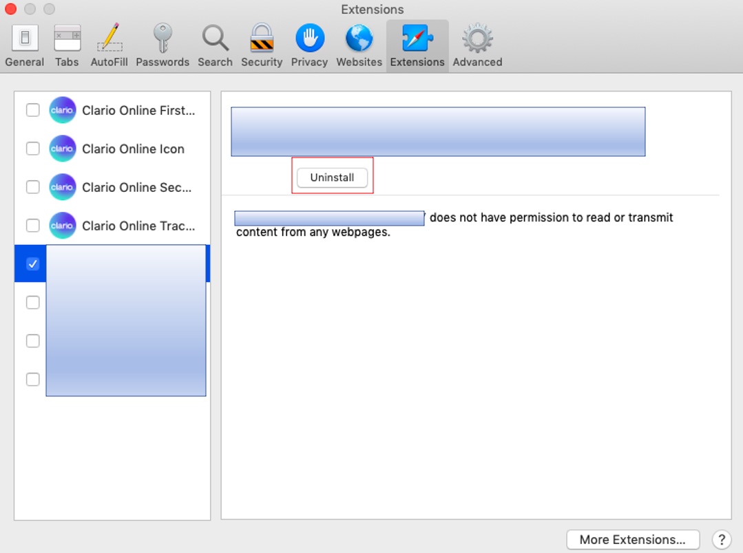 Uninstall extensions in Safari Uninstall extensions in Safari