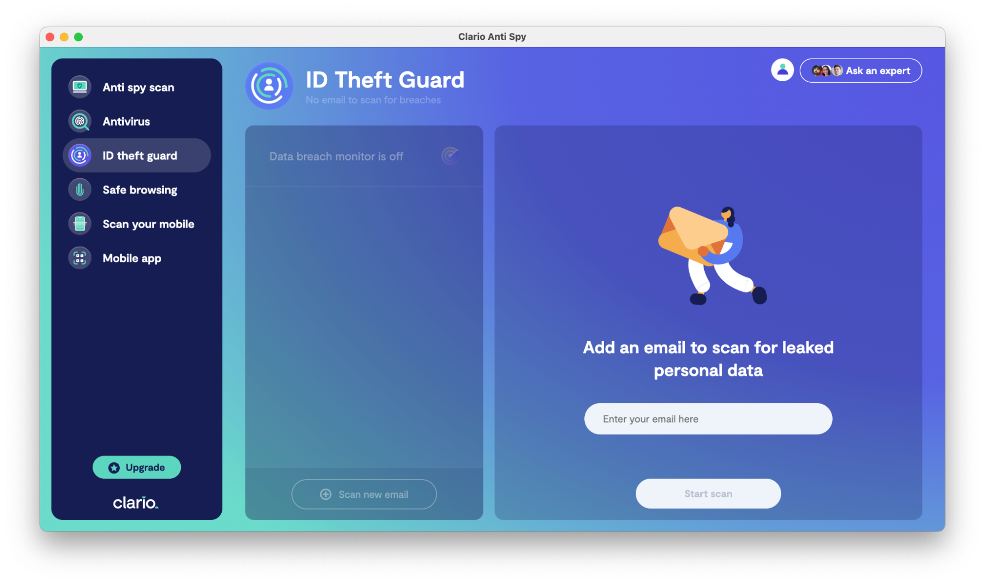 Desctop Clario AntiSpy dashboard picturing the ID theft section. Desctop Clario AntiSpy dashboard picturing the ID theft section.