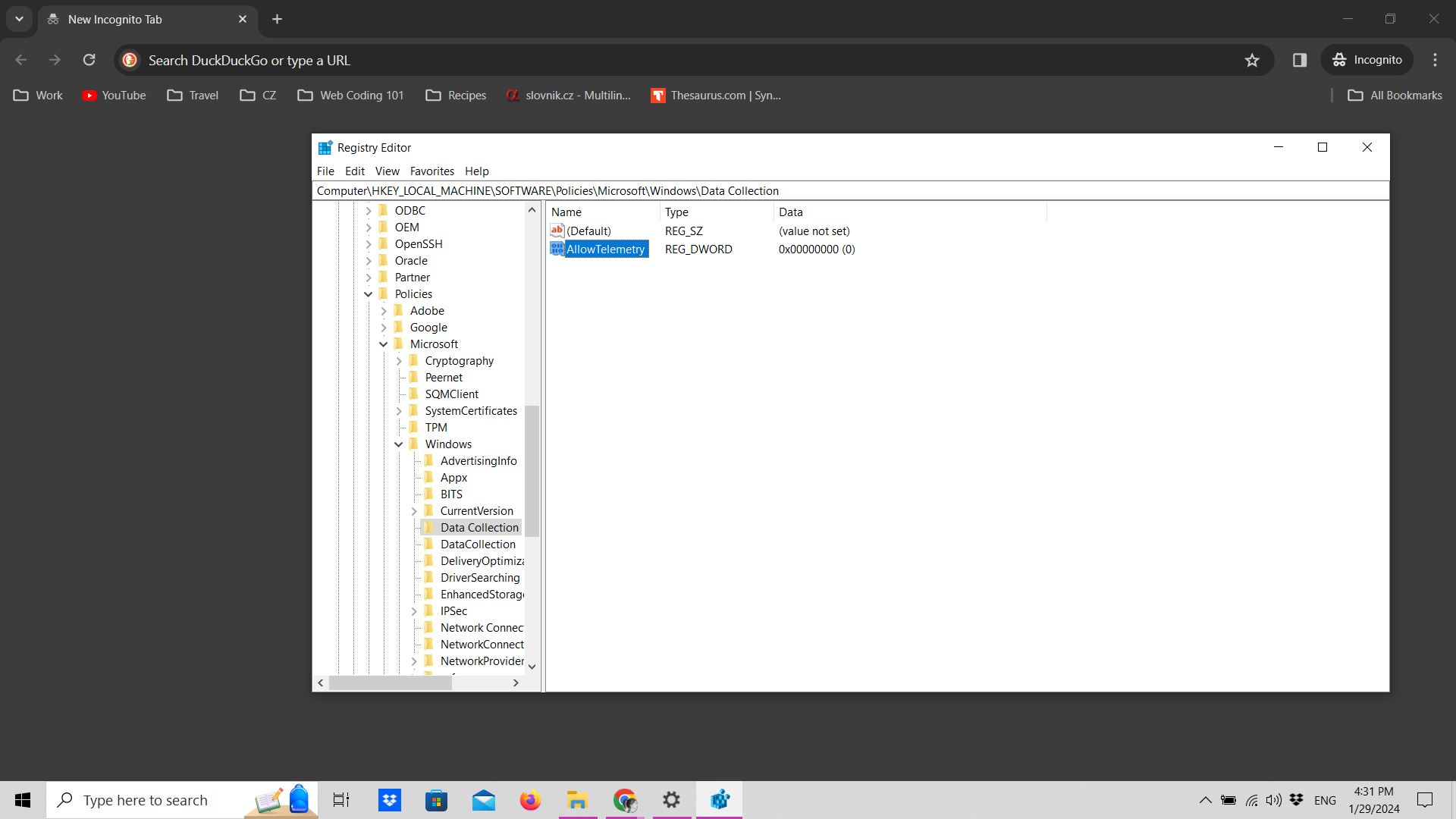Registry Editor window with Allow Telemetry DWORD in Data Collection Registry Editor window with Allow Telemetry DWORD in Data Collection