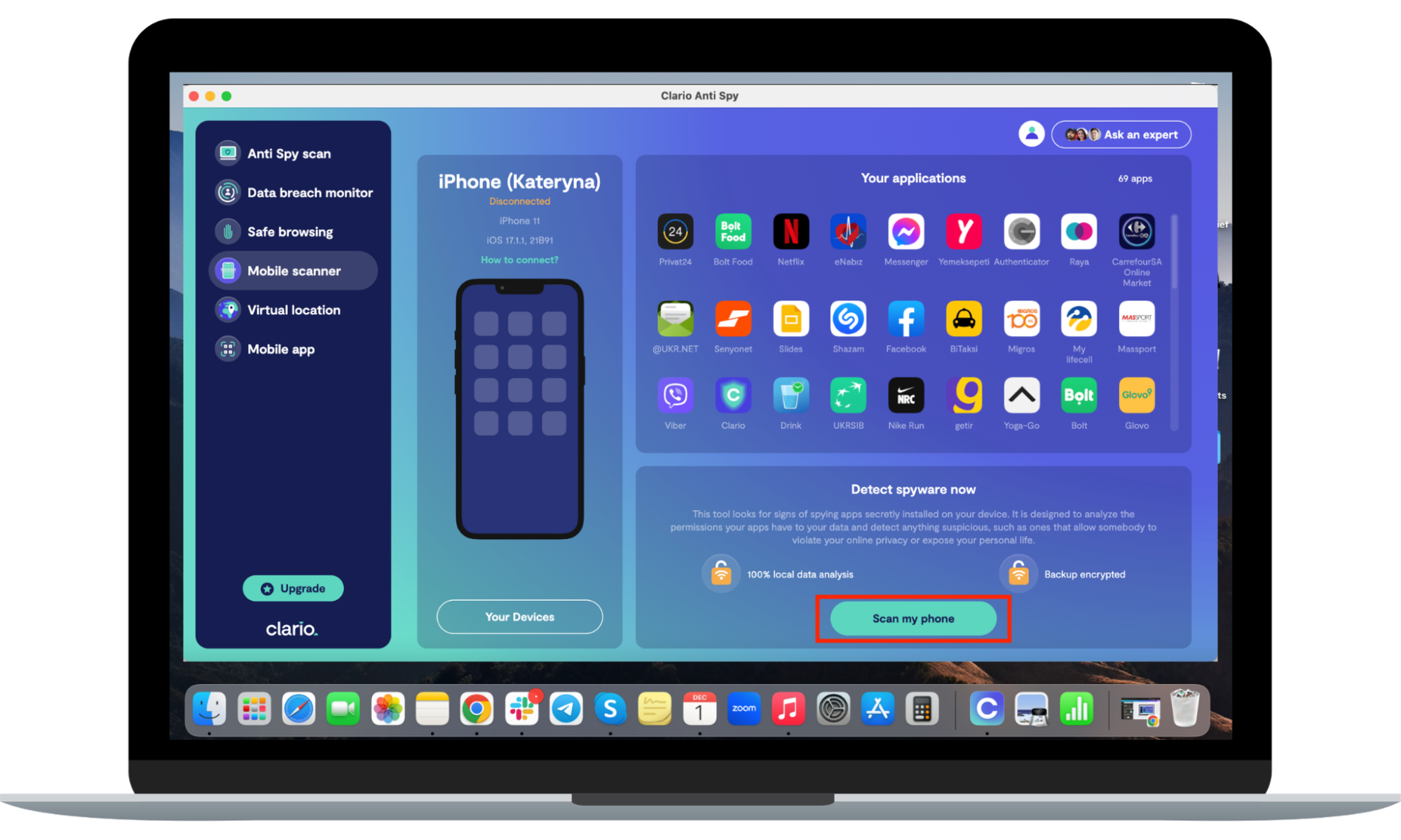 Clario AntiSpy scanning a phone for spyware through a Clario AntiSpy desktop Clario AntiSpy scanning a phone for spyware through a Clario AntiSpy desktop