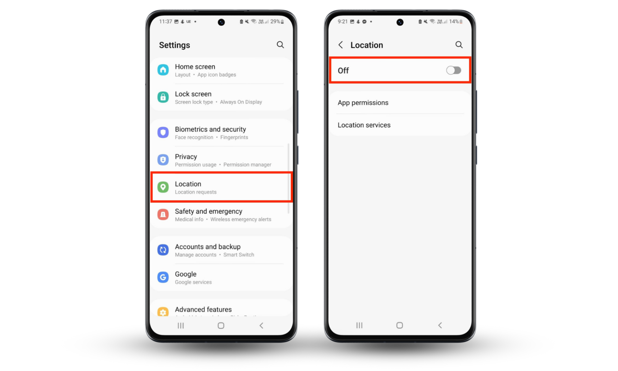 An Android device screen showing how to disable Location services on an Android device. An Android device screen showing how to disable Location services on an Android device.