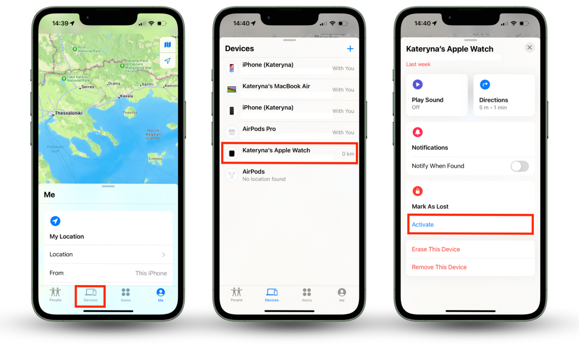 iPhone screenshots showing how to locate an Apple Watch using the 'Find My' app, view its location on a map, and mark the device as lost to check if your wife can track your Apple Watch. iPhone screenshots showing how to locate an Apple Watch using the 'Find My' app, view its location on a map, and mark the device as lost to check if your wife can track your Apple Watch.