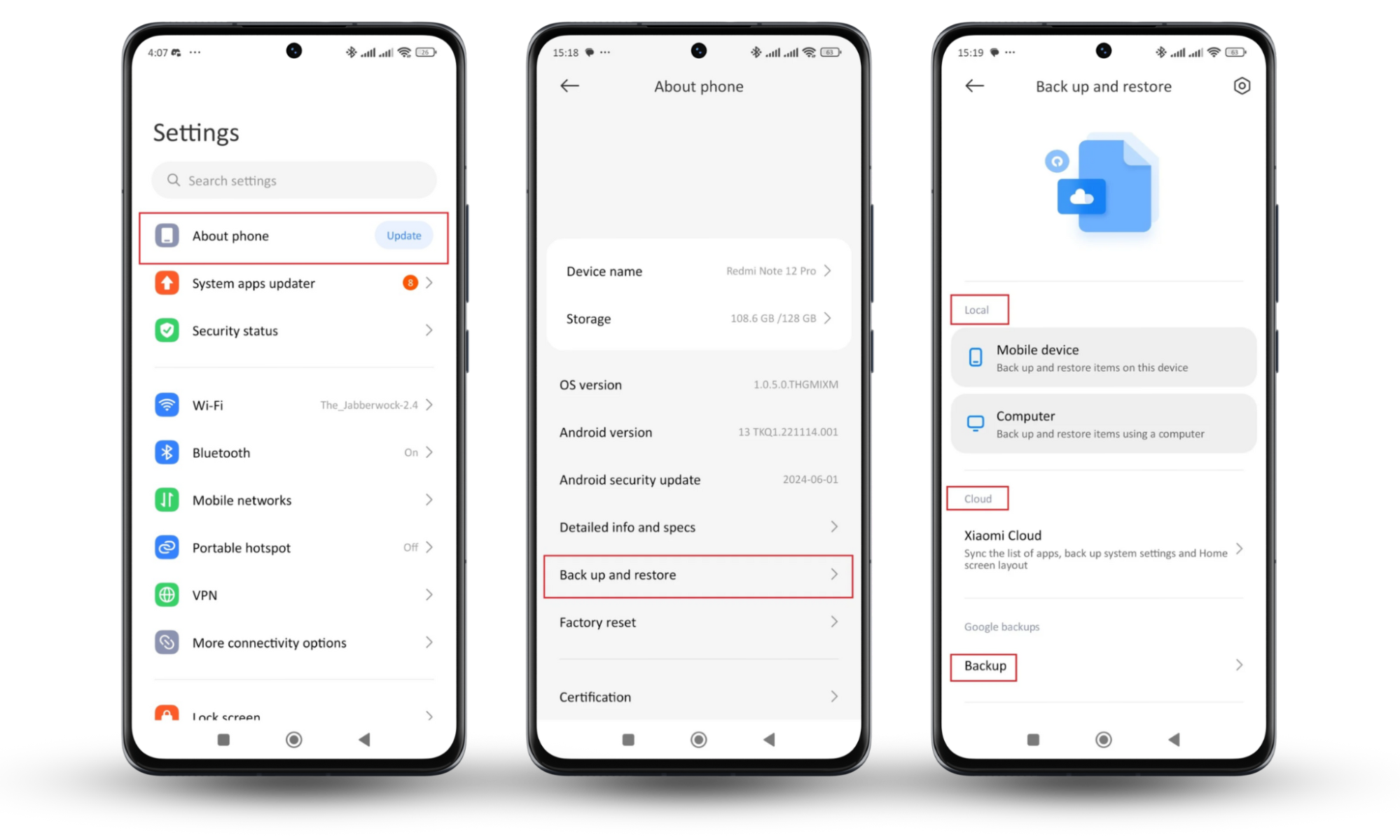 Instructions on how to back up data on Android to fix a hacked Android. The images show navigating to Settings, selecting About phone, and choosing Backup and Restore options. Instructions on how to back up data on Android to fix a hacked Android. The images show navigating to Settings, selecting About phone, and choosing Backup and Restore options.