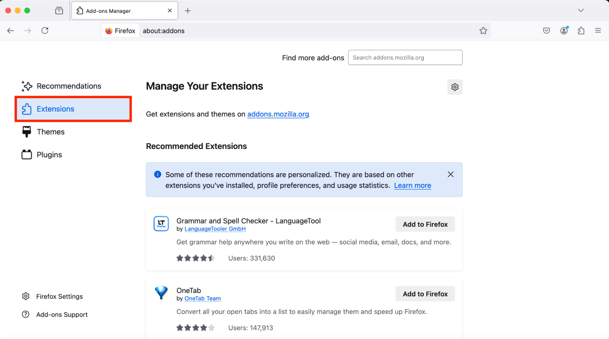 A screenshot of Firefox's Manage Your Extension window showing how to check for unknown apps and remove malware from Mac. A screenshot of Firefox's Manage Your Extension window showing how to check for unknown apps and remove malware from Mac.