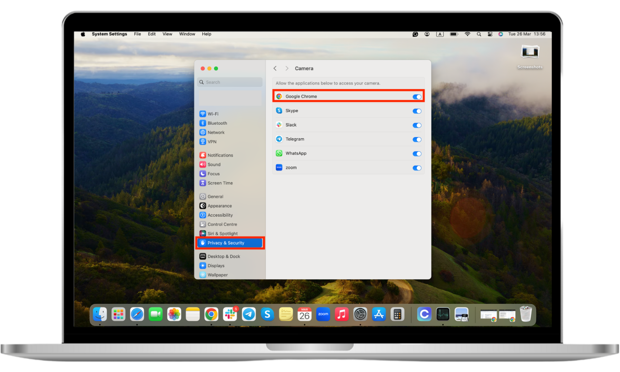 A Mac display with an opened and highlighted Privacy & Security screen and a list of apps under the Camera access menu, with one app highlighted. A Mac display with an opened and highlighted Privacy & Security screen and a list of apps under the Camera access menu, with one app highlighted.