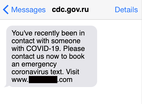 Fake COVID-19 smishing message. Fake COVID-19 smishing message.