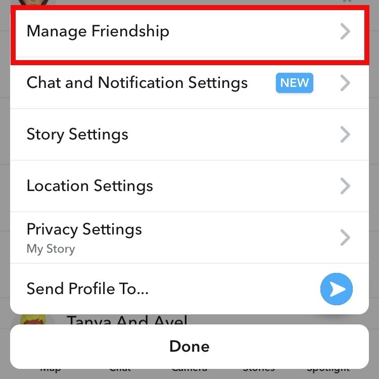 Screenshot of the Friend Settings menu in Snapchat, with Manage Friendship selected, which will help you block your ex from contacting you in Snapchat and prevent your ex from watching your snapchat stories. Screenshot of the Friend Settings menu in Snapchat, with Manage Friendship selected, which will help you block your ex from contacting you in Snapchat and prevent your ex from watching your snapchat stories.