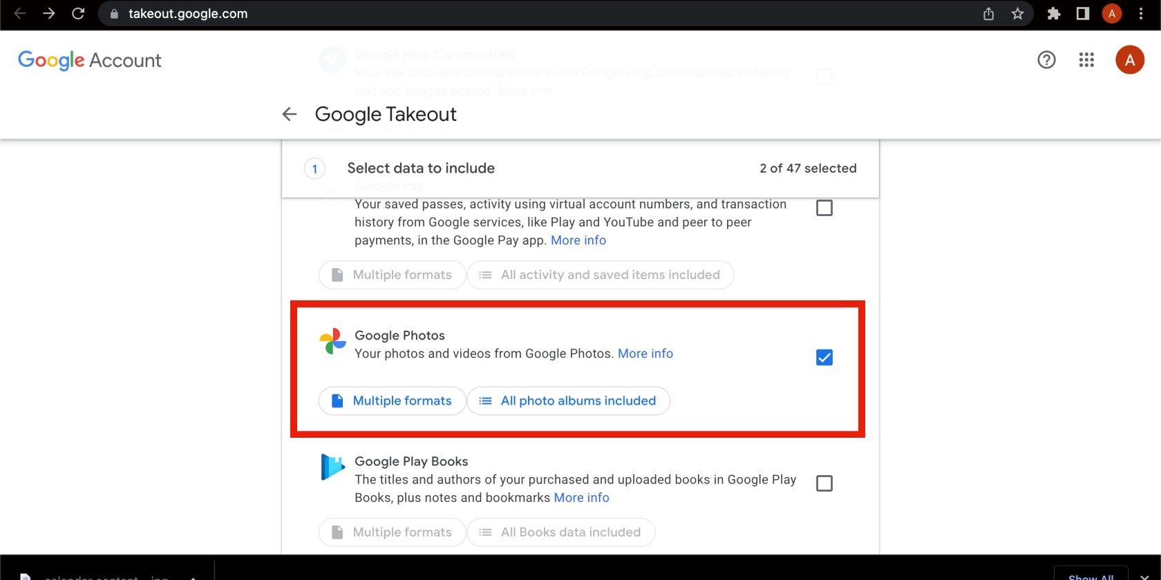 Google Photos selected in Google Takeout Google Photos selected in Google Takeout