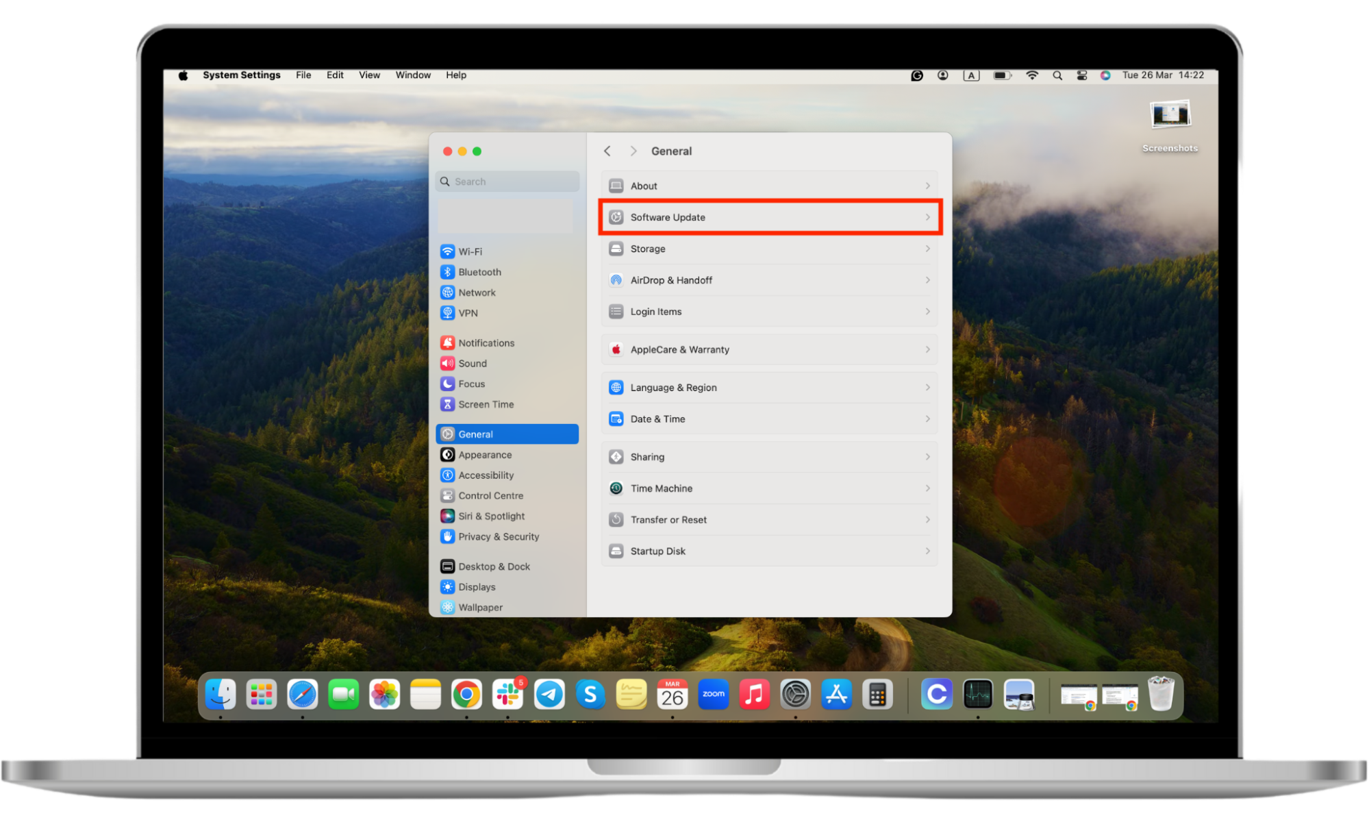 A Mac display with the General System Settings menu opened and highlighted and the Software Update option highlighted, both with red rectangles. Prevent your ex from spying on your MacBook. A Mac display with the General System Settings menu opened and highlighted and the Software Update option highlighted, both with red rectangles. Prevent your ex from spying on your MacBook.