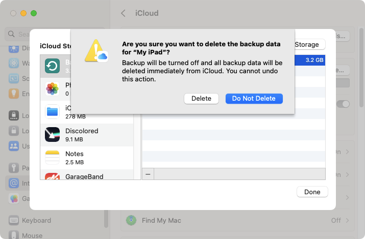 A macOS system dialog, asking the user to confirm disabling of backups and delete backups. Click the A macOS system dialog, asking the user to confirm disabling of backups and delete backups. Click the