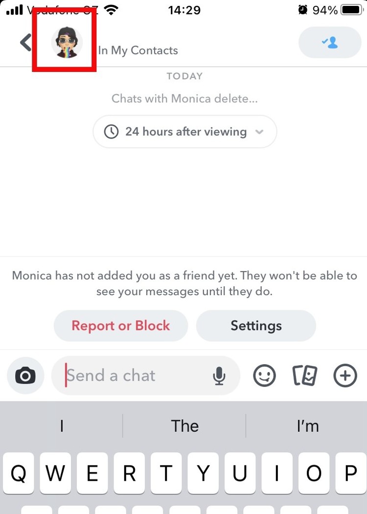 Screenshot of the Chat screen in Snapchat, with the ex's avatar selected so you can go to their profile and then block them. Ex stalks your Snapchat stories. Screenshot of the Chat screen in Snapchat, with the ex's avatar selected so you can go to their profile and then block them. Ex stalks your Snapchat stories.