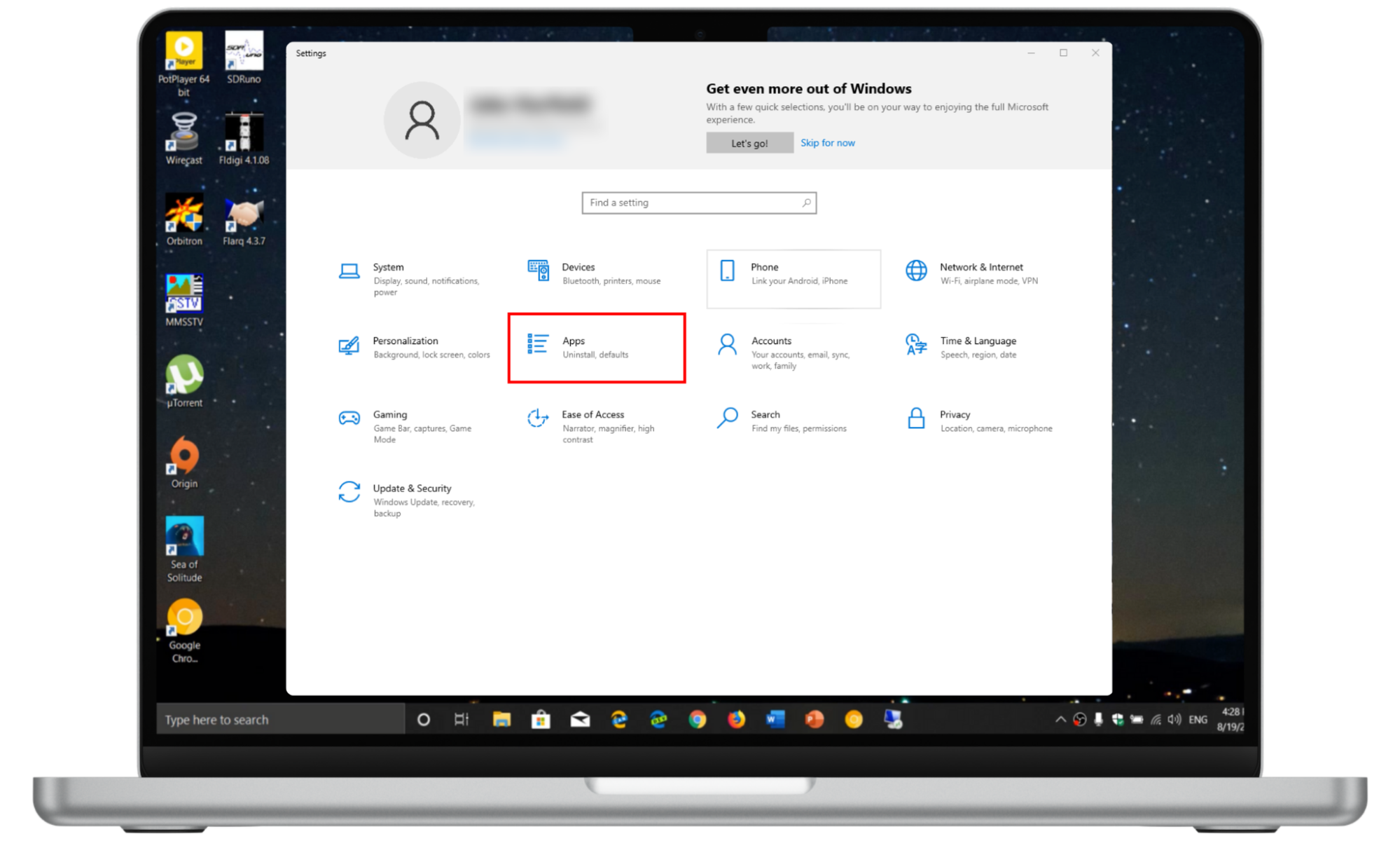 A screenshot from a Windows 10 PC showing how to access the Settings menu to change your default browser. A screenshot from a Windows 10 PC showing how to access the Settings menu to change your default browser.