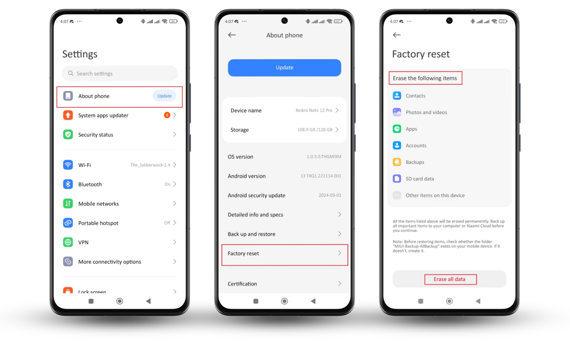 Instructions on how to perform a factory reset to fix a hacked Android. Open Settings, tap About phone, then Factory reset. Instructions on how to perform a factory reset to fix a hacked Android. Open Settings, tap About phone, then Factory reset.