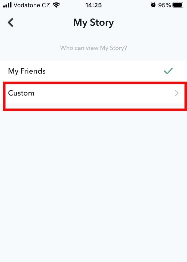 Screenshot of the My Story menu in Snapchat, with the Custom option selected so you can control if your ex can view your story on Snapchat. Screenshot of the My Story menu in Snapchat, with the Custom option selected so you can control if your ex can view your story on Snapchat.