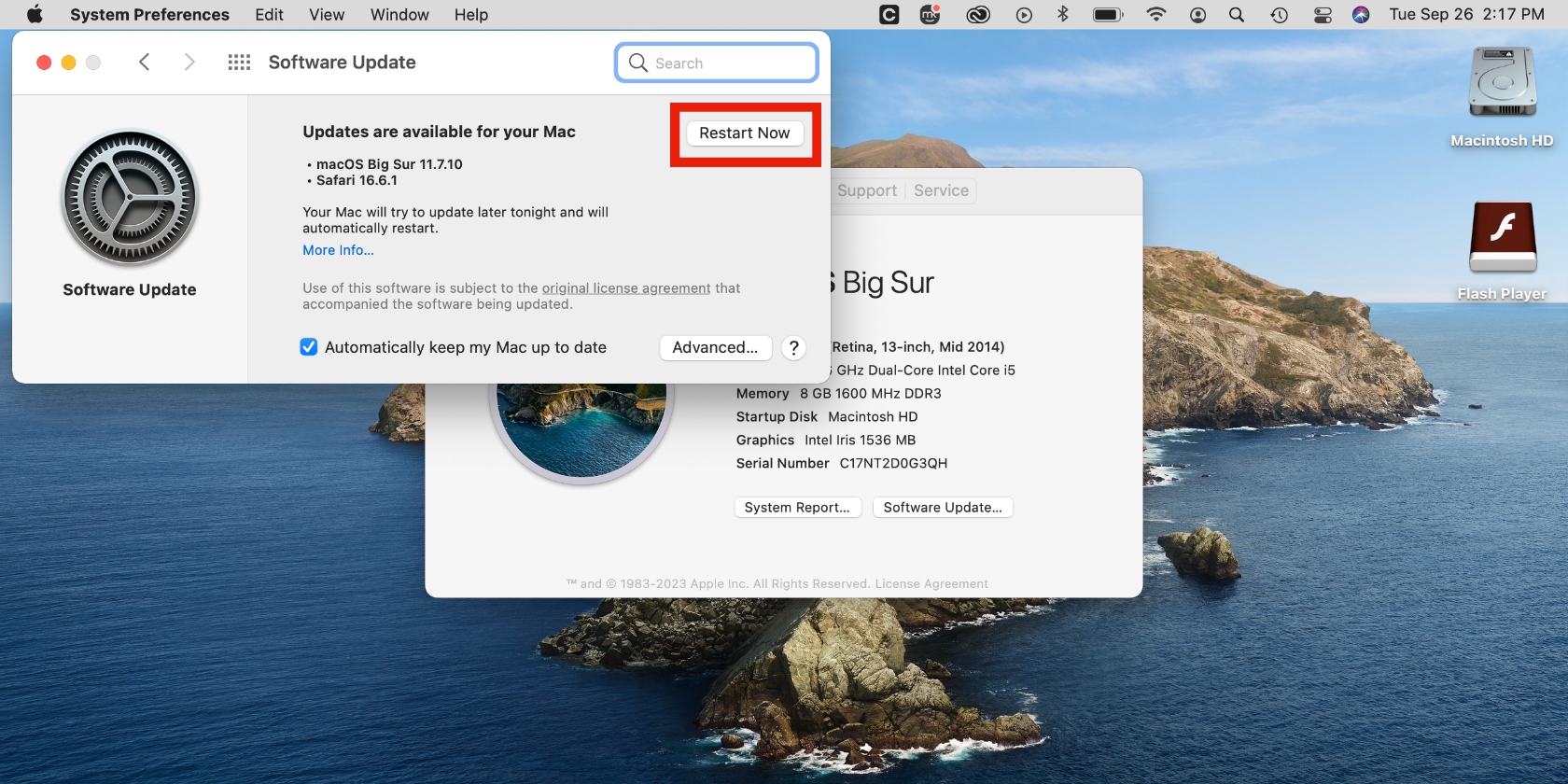 Software updates are shown on a Mac along with a Restart Now button, which is outlined in red. Software updates are shown on a Mac along with a Restart Now button, which is outlined in red.