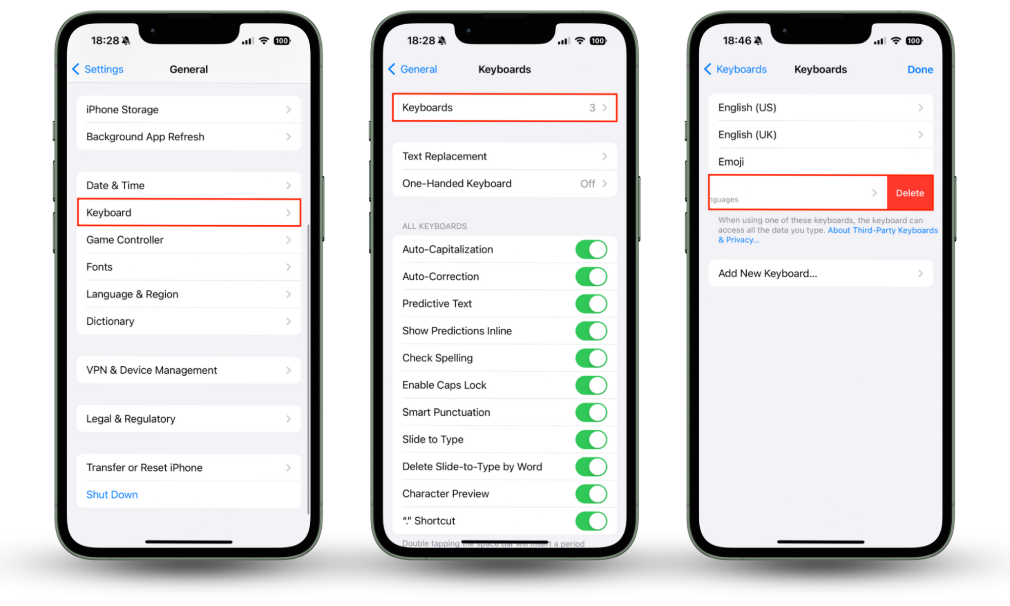 The Keyboards menu inside Settings on iPhone. To remove a keyboard that could be hacked on iPhone, swipe left on the keyboard, then tap Delete. The Keyboards menu inside Settings on iPhone. To remove a keyboard that could be hacked on iPhone, swipe left on the keyboard, then tap Delete.