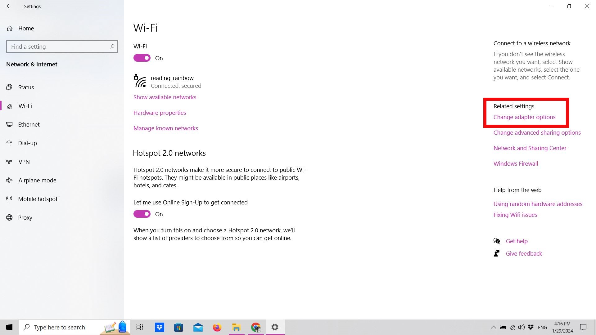 Wi-Fi settings in Windows 10 with Related setting/ change adapter options highlighted Wi-Fi settings in Windows 10 with Related setting/ change adapter options highlighted