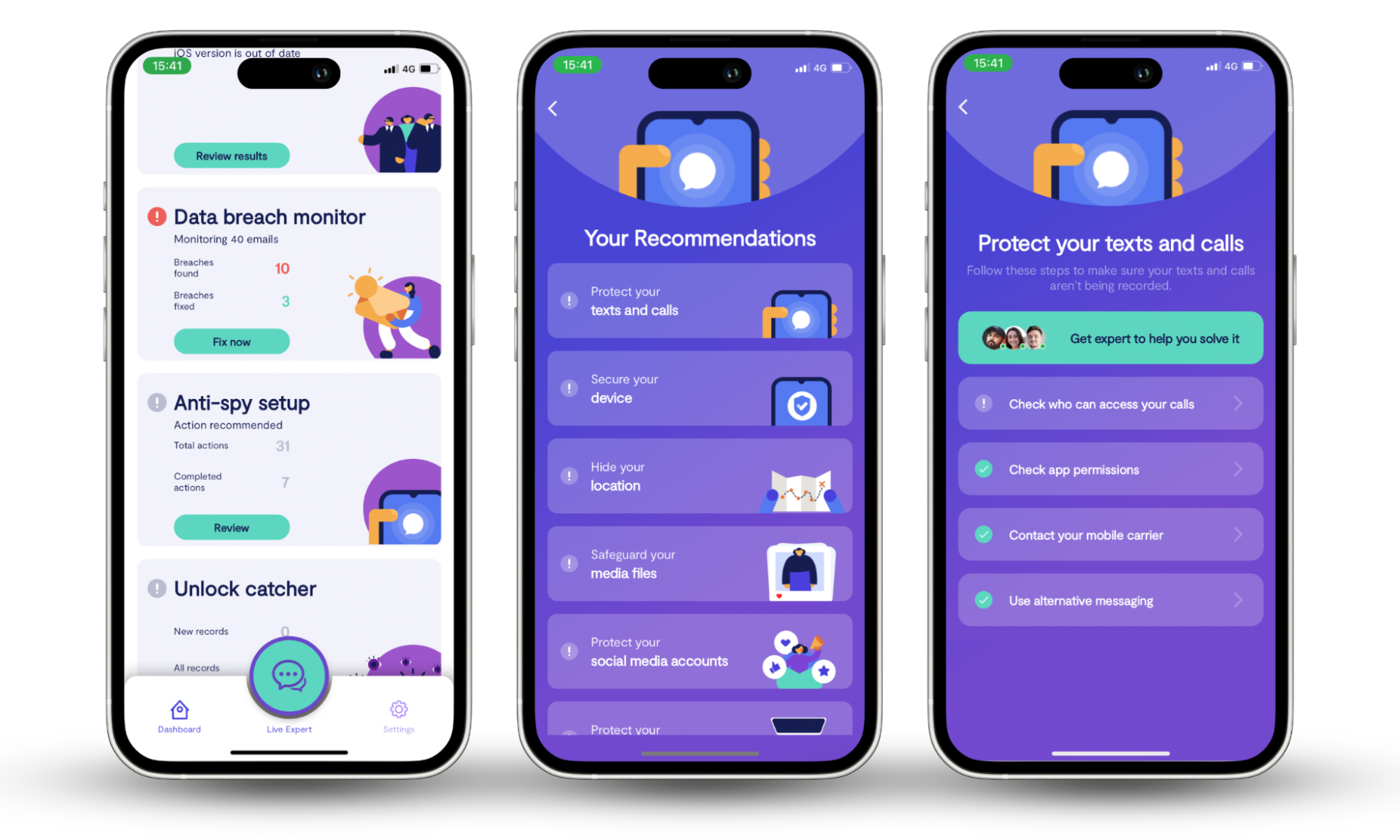 Three mobile device screens showing the Anti-spy guide with recommendations for mobile device protection in Clario's Anti Spy. Three mobile device screens showing the Anti-spy guide with recommendations for mobile device protection in Clario's Anti Spy.