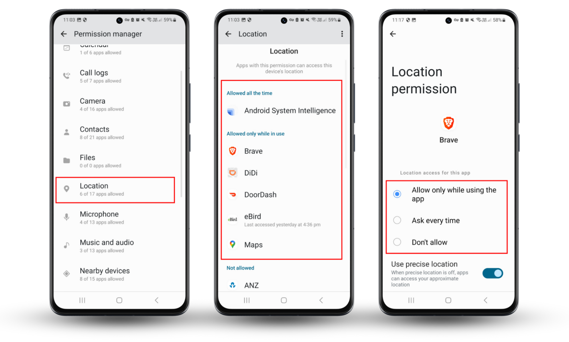 Android screenshots showing how to access the Location permissions for each app, letting you find out why the location icon comes on randomly so you can stop it. Android screenshots showing how to access the Location permissions for each app, letting you find out why the location icon comes on randomly so you can stop it.