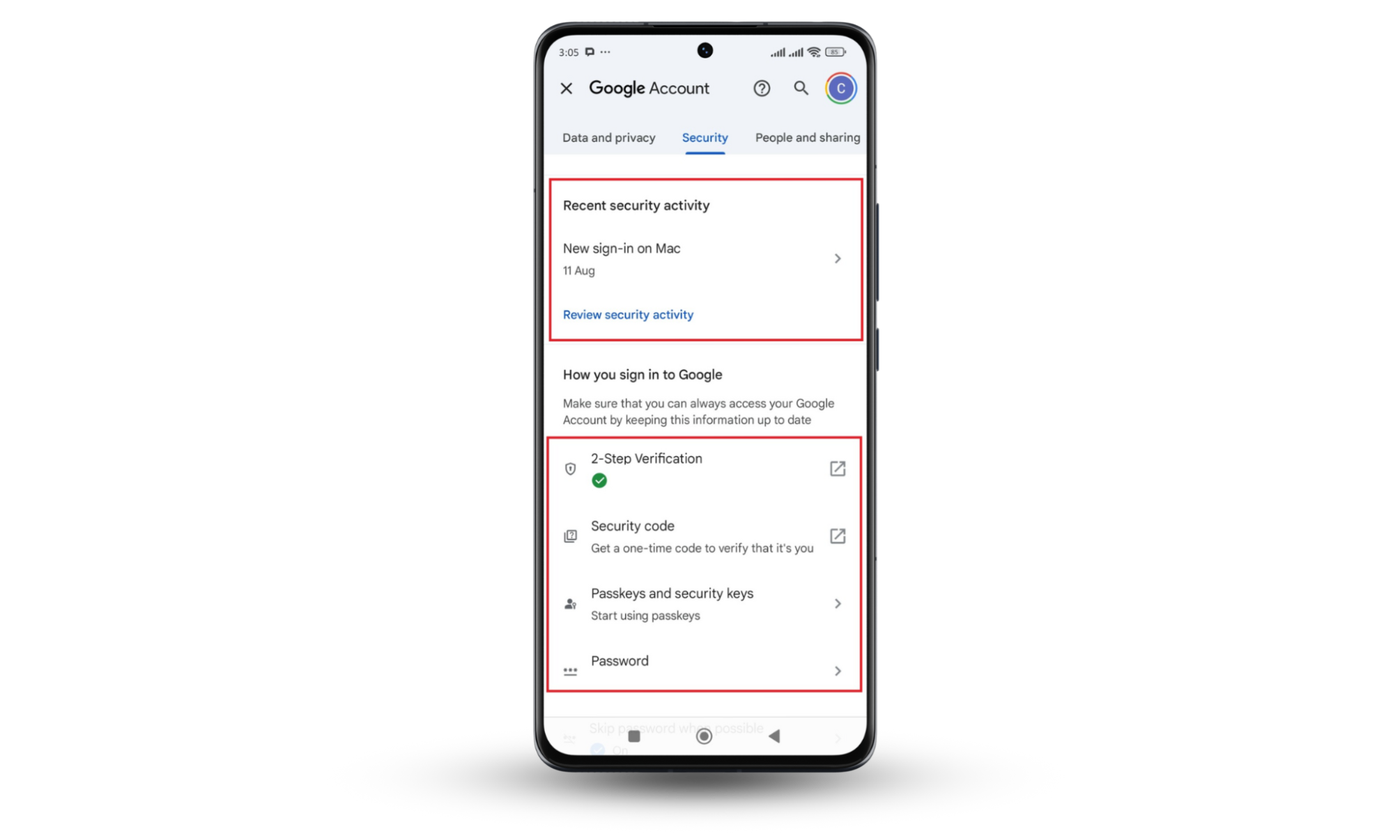 Google Account security screen showing 2FA option and recent security activity to know when your husband is tracking you. Google Account security screen showing 2FA option and recent security activity to know when your husband is tracking you.