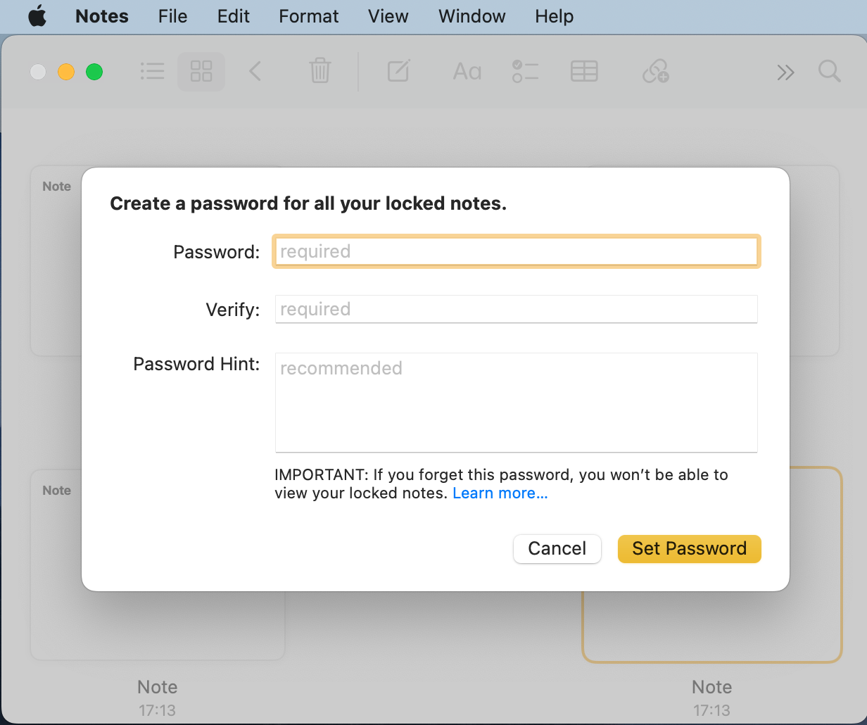 Notes shows the option to lock a note. Create a password then verify it before clicking Set Password. Notes shows the option to lock a note. Create a password then verify it before clicking Set Password.