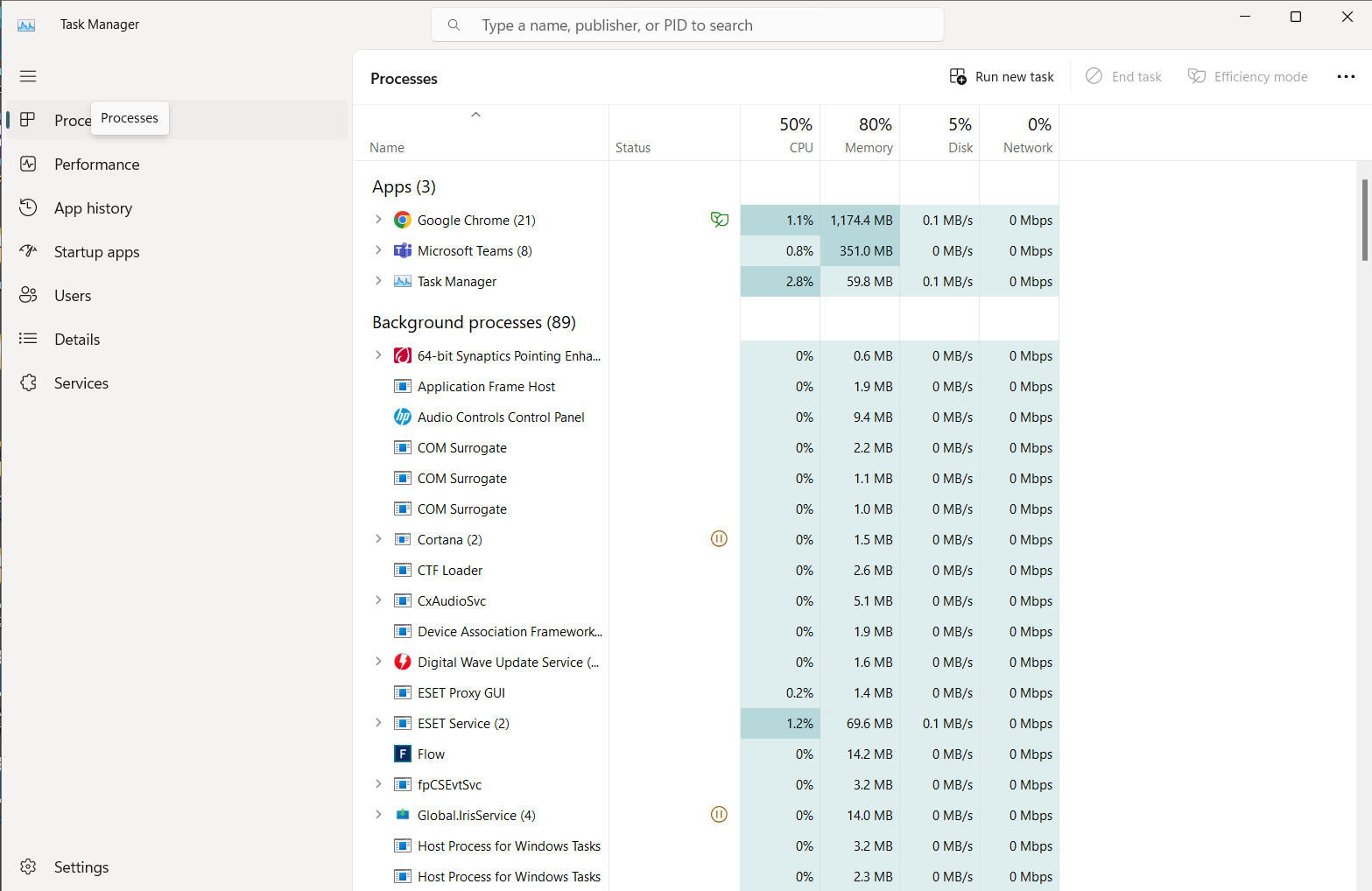 Windows Task manager displaying a list of apps and their processes in order of CPU power usage. Windows Task manager displaying a list of apps and their processes in order of CPU power usage.