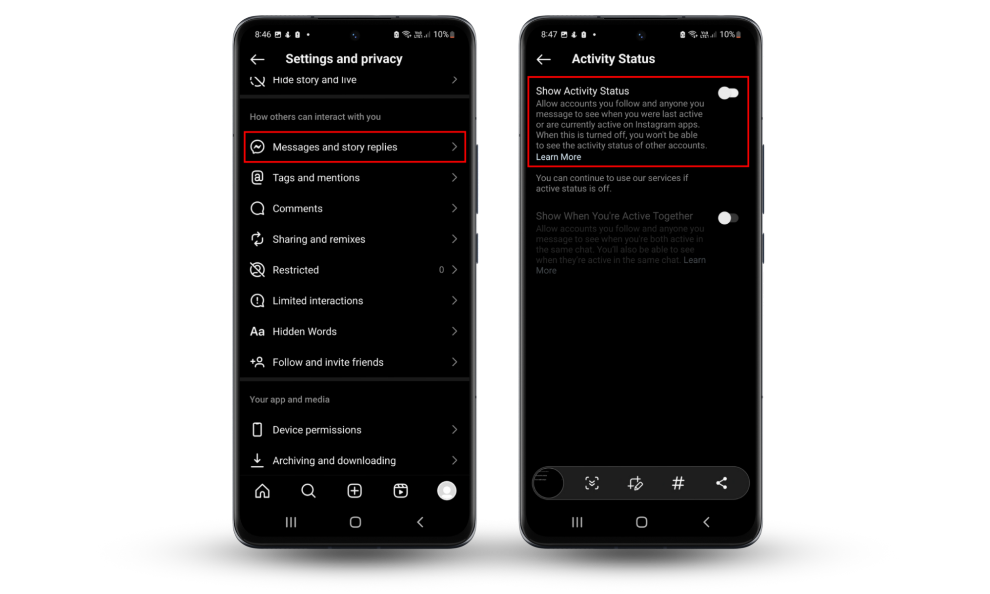 Screenshots of an Android device showing how to toggle off Activity status to stop it from spying on you. Screenshots of an Android device showing how to toggle off Activity status to stop it from spying on you.