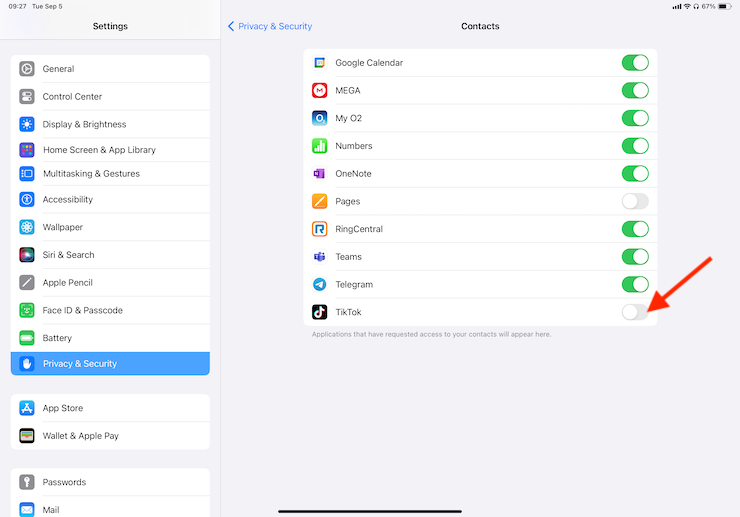 The Settings app on iPad showing the Privacy and Security section. Tap on a permission, then use the toggles to enable or disable each app. The Settings app on iPad showing the Privacy and Security section. Tap on a permission, then use the toggles to enable or disable each app.