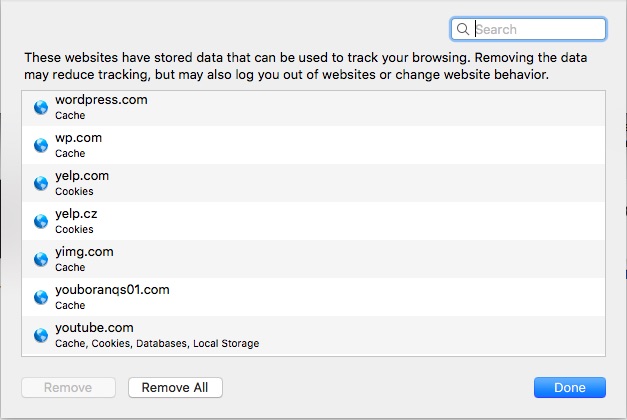 A list of websites with stored cookies on Safari. A list of websites with stored cookies on Safari.