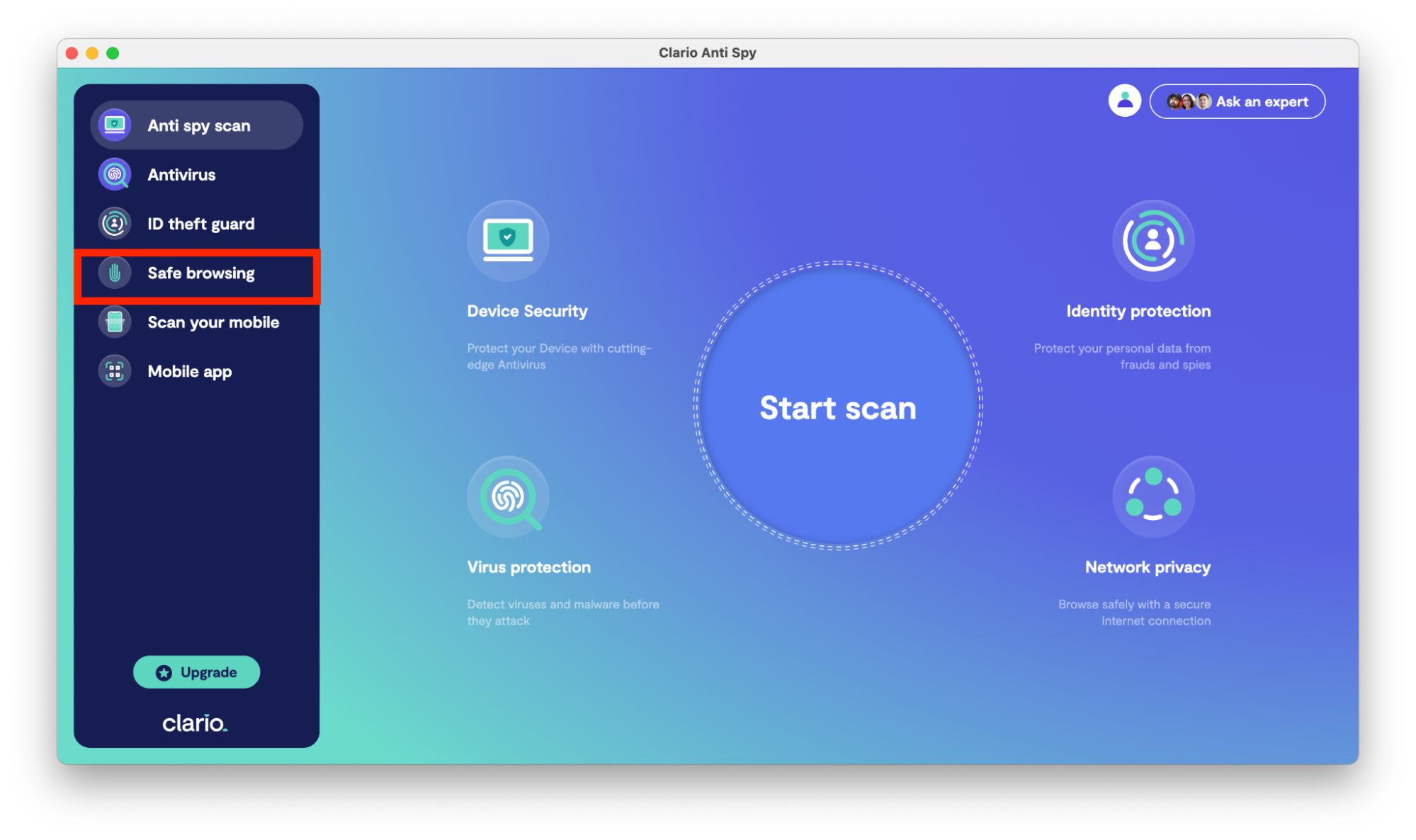 Clario AntiSpy dashboard showing how to use the Safe browsing feature Clario AntiSpy dashboard showing how to use the Safe browsing feature