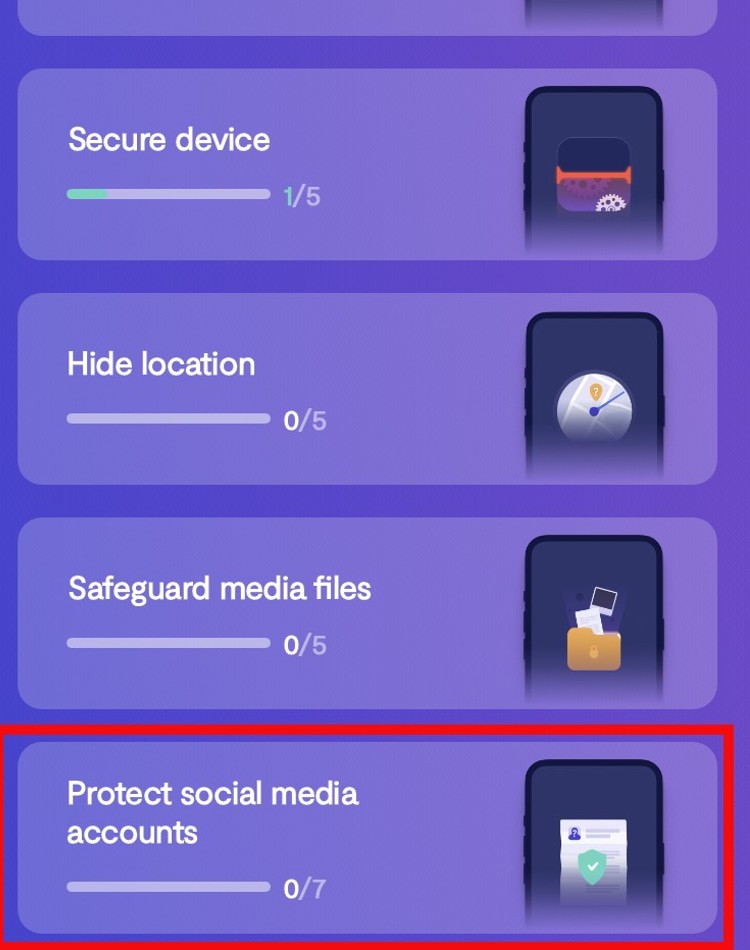 Anti-spy setup screen in Clario Antispy, with Protect social media accounts highlighted. See if your ex still watches your Snapchat stories. Anti-spy setup screen in Clario Antispy, with Protect social media accounts highlighted. See if your ex still watches your Snapchat stories.