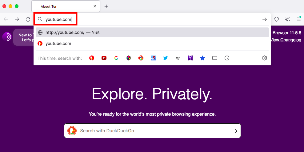 YouTube's URL in the Tor browser address bar YouTube's URL in the Tor browser address bar